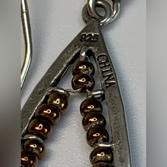 Silpada Vintage Sterling Silver & Bronze Seed Bead Long Teardrop Hoop Earrings - Picture 9 of 10